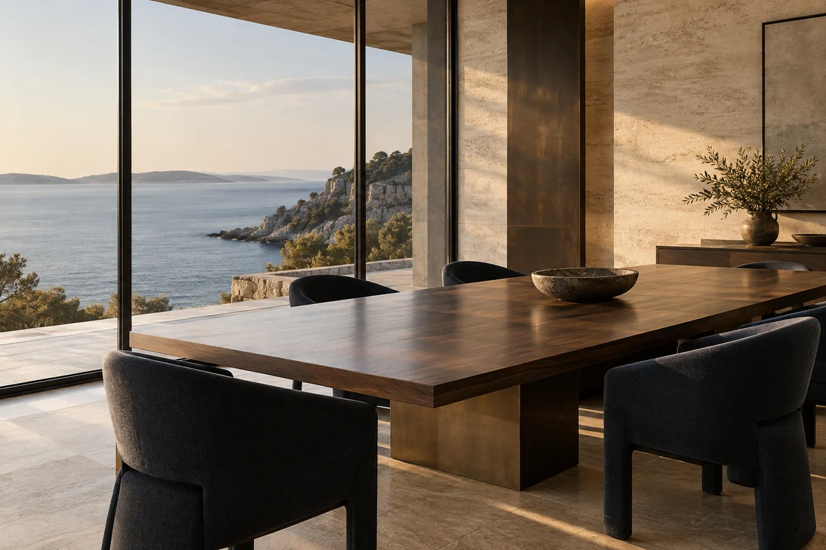 Illustrative coastal meeting space with walnut, limestone, and warm natural light